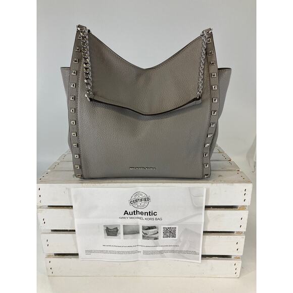 MICHAEL KORS LARGE GRAY PEBBLED LEATHER STUDED SHOULDER BAG - Picture 1 of 16